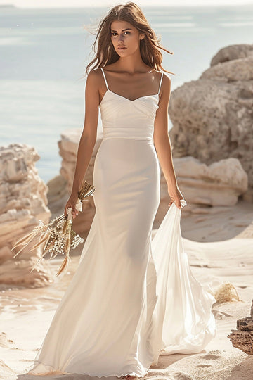White Mermaid Boho Sweep Train Elegant Wedding Dress